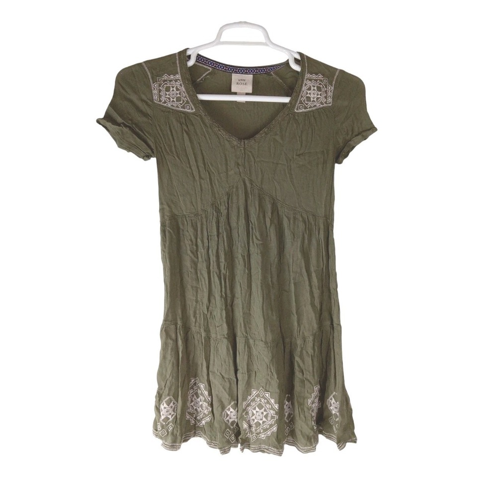 Knox Rose Women's Boho Dress Green Embroidered Babydoll Short Sleeve Festival XS